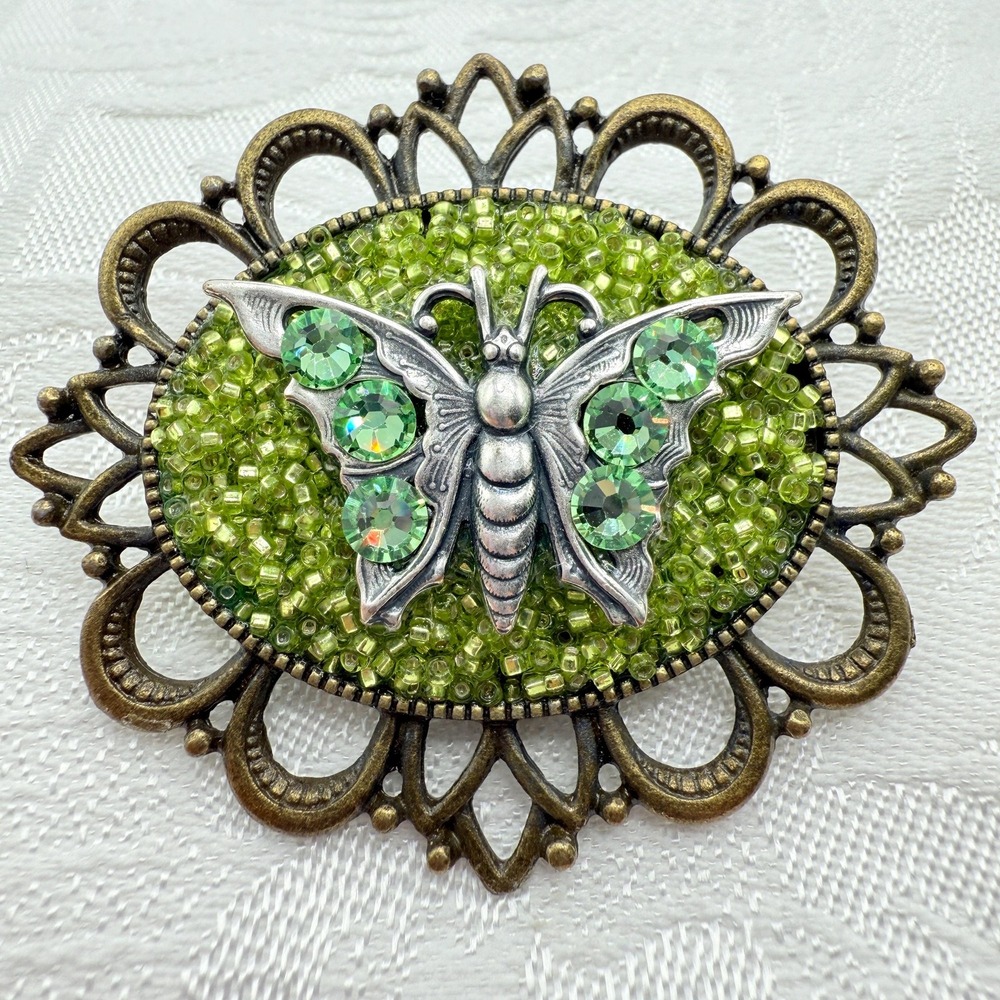 Vintage Green Seed Bead and Rhinestone Silver Tone Butterfly Cameo Brooch